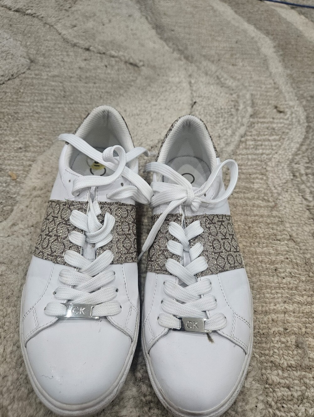 Calvin Klein White and Brown Logo-Stripe Women's Sneakers